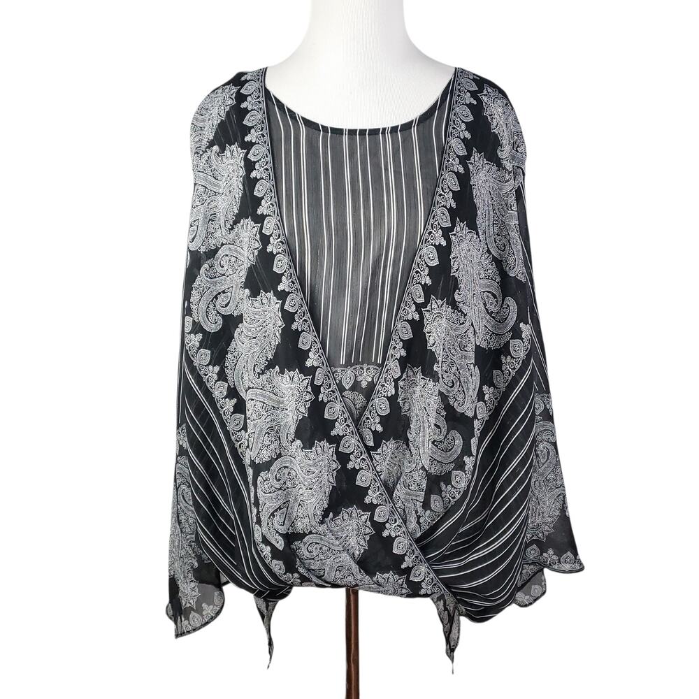 Chico's Sz 3 Black Paisley Faux Wrap Layered Blouse Poncho Top Chicos XL 16